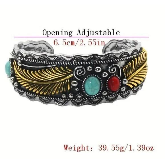 Goldwash Leaves Native American Faux Turquoise Retro Style Bracelet • Silvertone - Picture 4 of 6